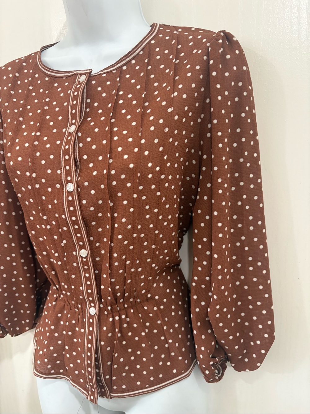 Max Studio Brown and White Polka Dot Long-Sleeve Peplum Blouse - Picture 3 of 6